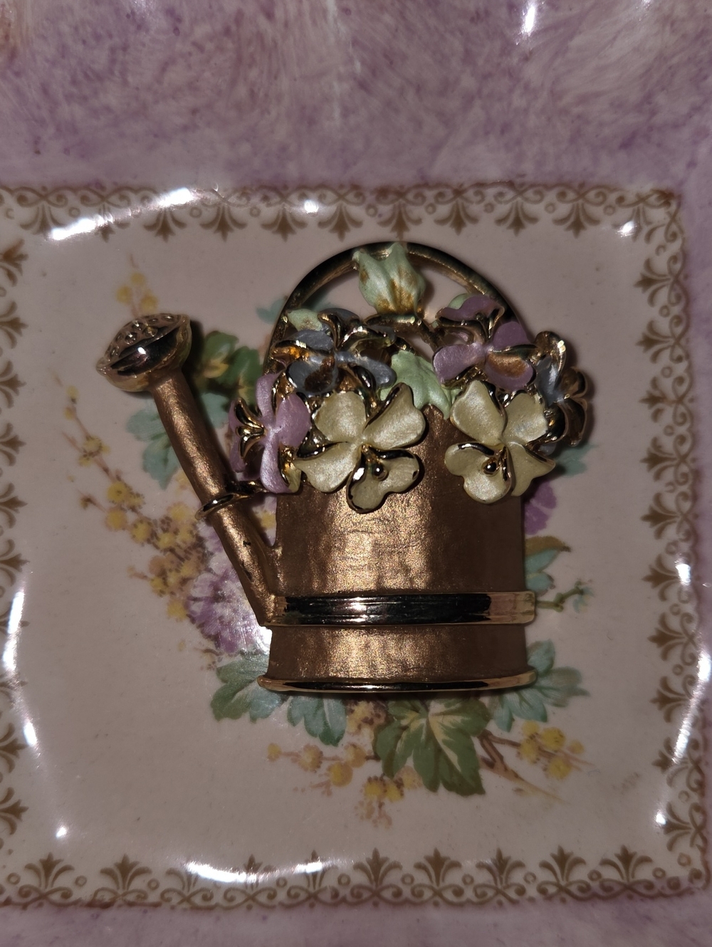 Gold Tone Watering Can Floral Brooch with Pastel Enamel Flowers